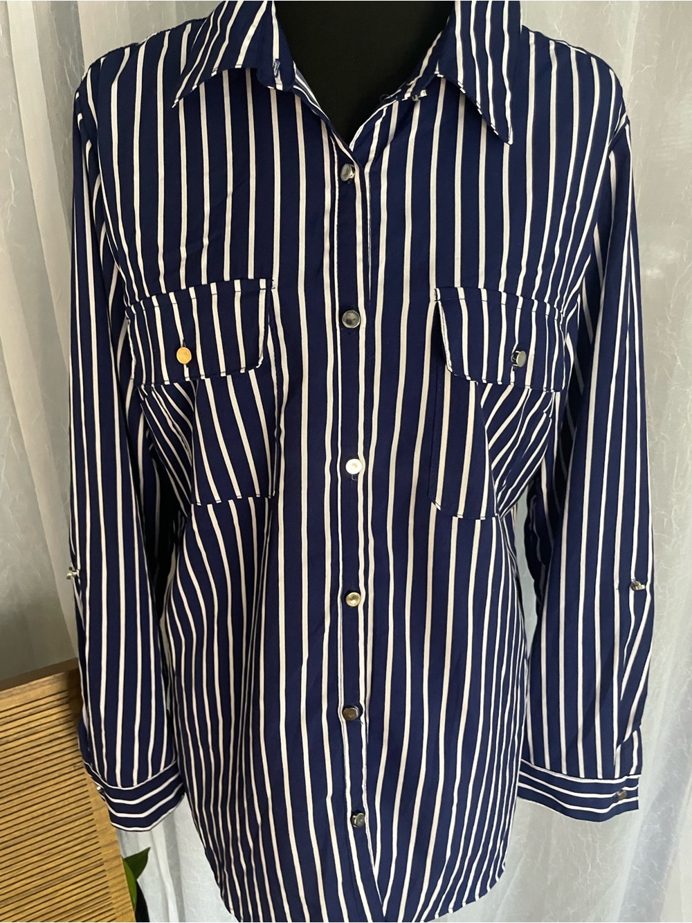 Navy & White Striped women’s Button-Down Shirt - Picture 2 of 4
